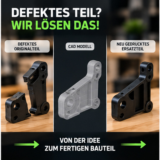 Beispiel vom defekten Originalteil über das CAD-Modell zum gedruckten Ersatzteil
