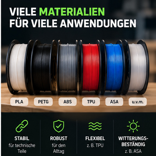 Übersicht verschiedener Filamente für den 3D-Druck