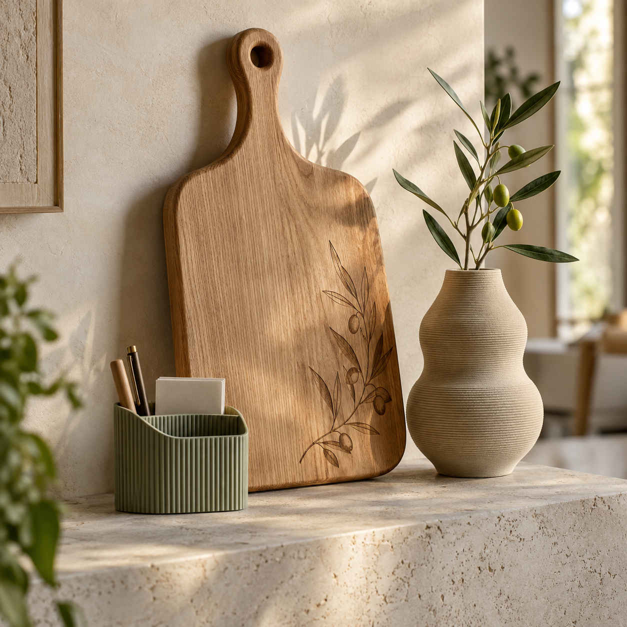 Graviertes Holzbrett mit Olivenzweig-Motiv neben einer 3D-gedruckten Vase und einem salbeigrünen Organizer im warmen Tageslicht