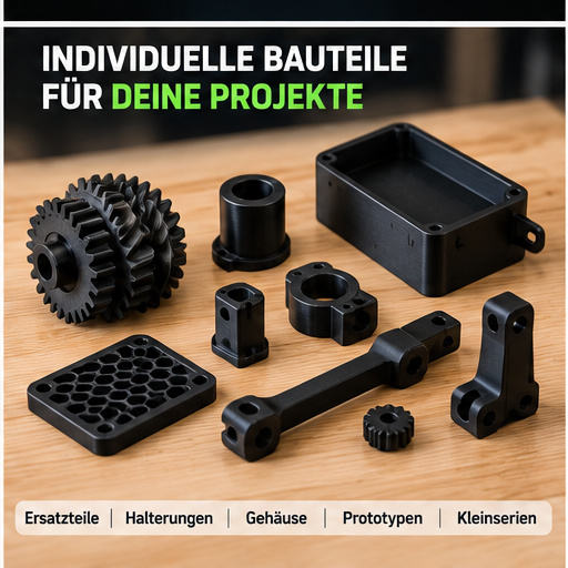 Beispielbild verschiedener 3D-gedruckter Bauteile, Gehäuse und Halterungen
