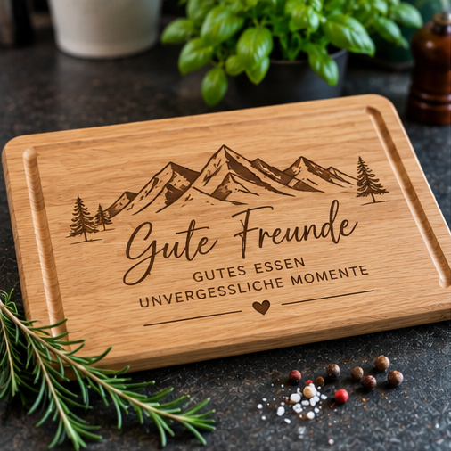 Schneidebrett mit Bergmotiv und Gute-Freunde-Gravur