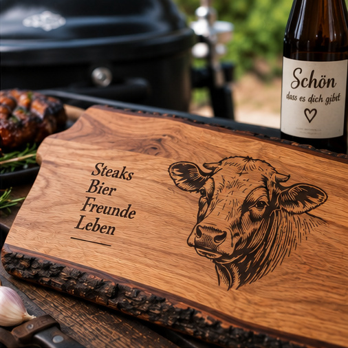 Rustikales Grillbrett mit Rindermotiv und Wunschtext