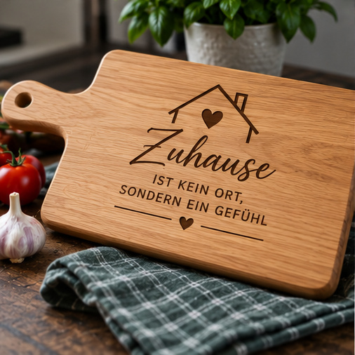 Holzbrett mit Hausmotiv und persönlichem Spruch zum Zuhause