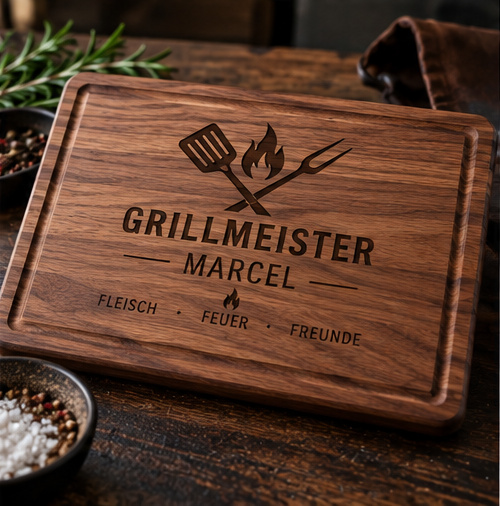 Dunkles Schneidebrett mit Grillmeister Marcel und Grillmotiv