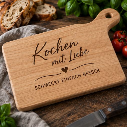 Servierbrett mit der Gravur Kochen mit Liebe